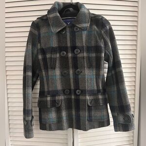 American Eagle Outfitters Plaid Peacoat - Medium - Grey and Blue